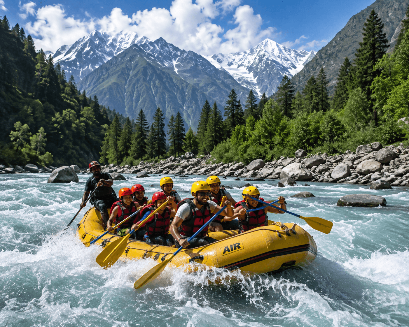 Group white-water rafting on a glacier-fed Himalayan river