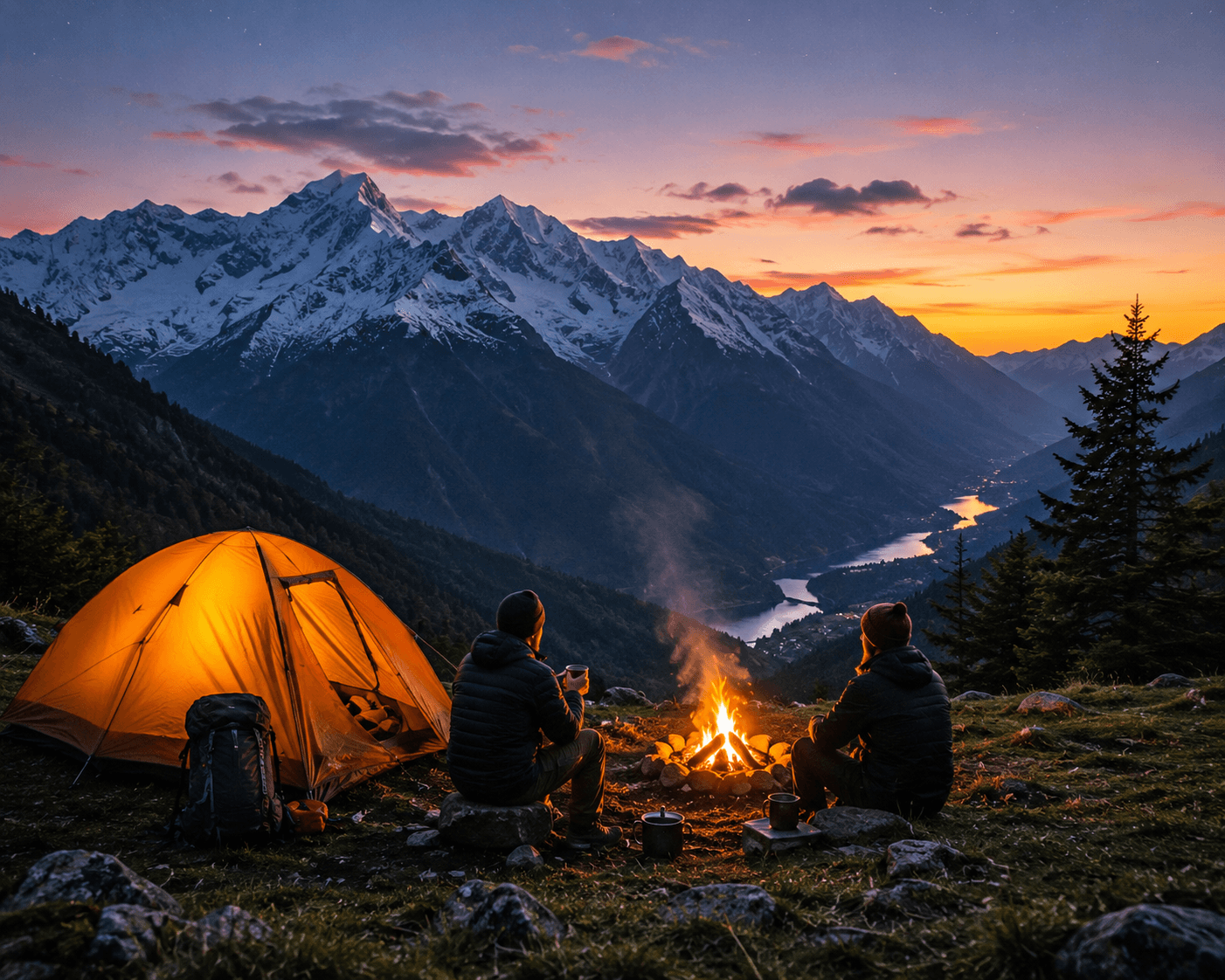 Two travellers by a campfire under a starlit Himalayan sky