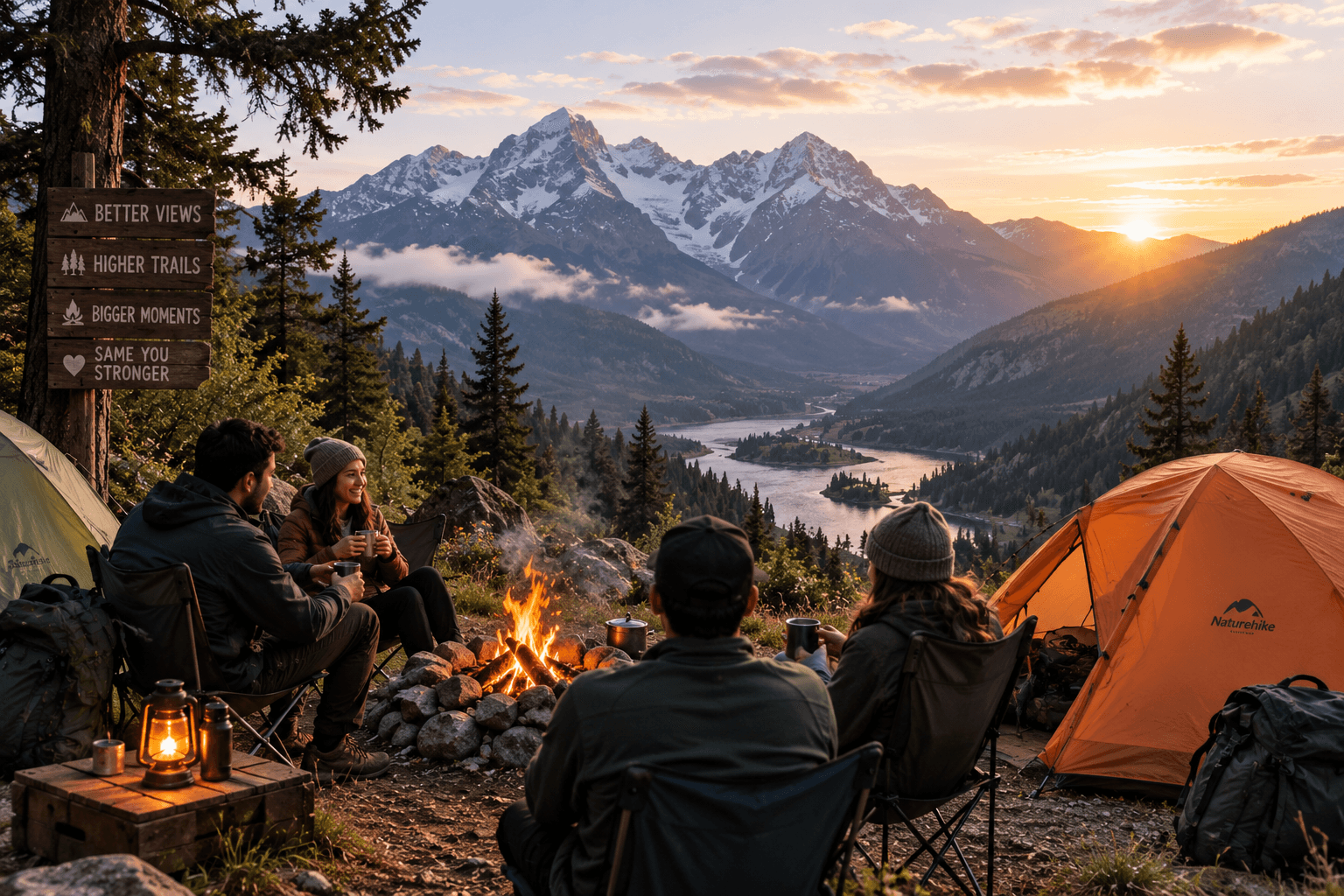 Group camping at sunset with mountains in the distance